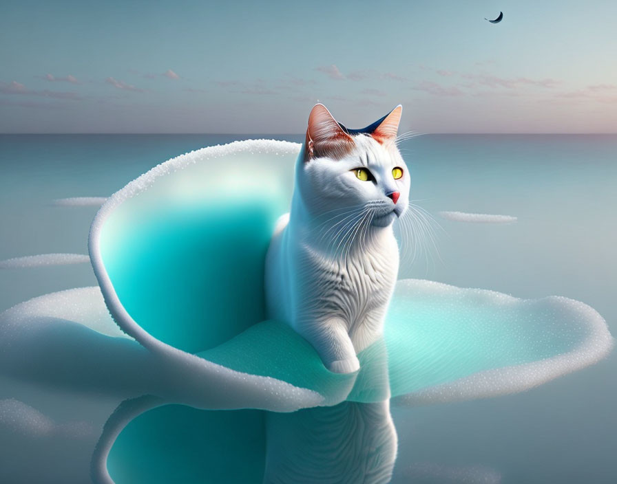 White Cat Sitting on Cat's Paw Wave Sculpture in Serene Seascape