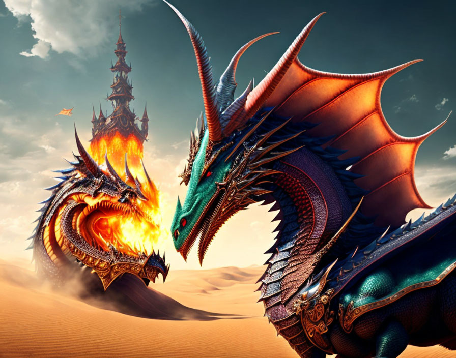 Orange-winged dragon breathing fire near ornate tower in desert landscape