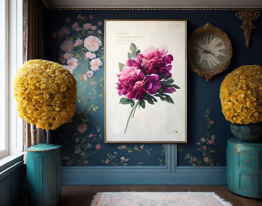 Dark Blue Floral-Themed Room with Vintage Decor