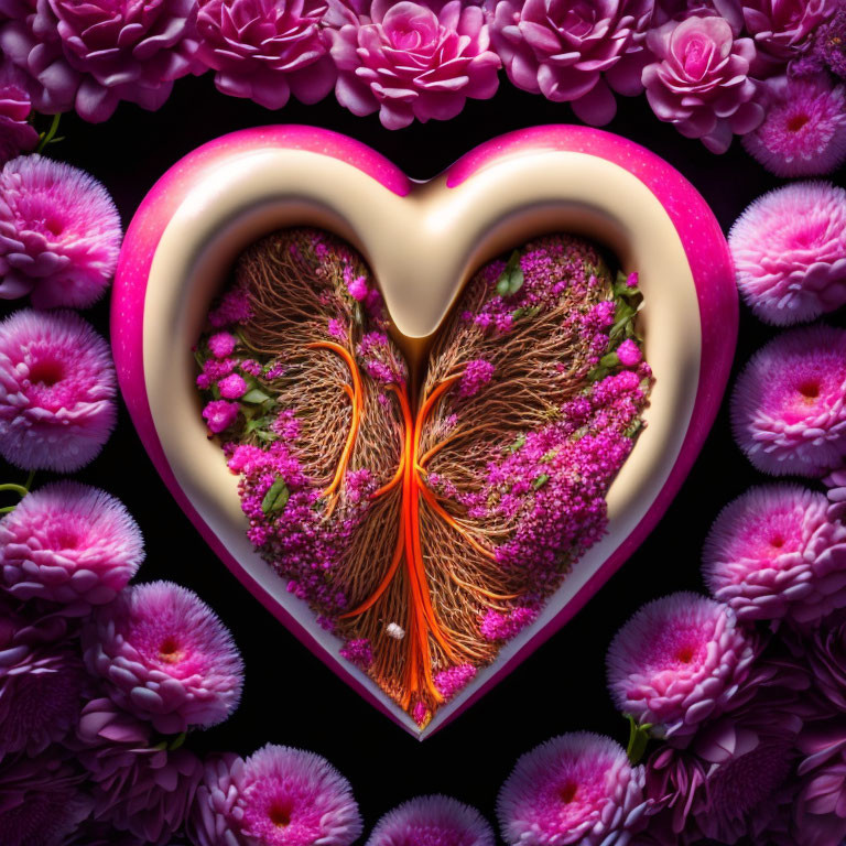 Heart-shaped object with pink flowers and tree-like figure on black background