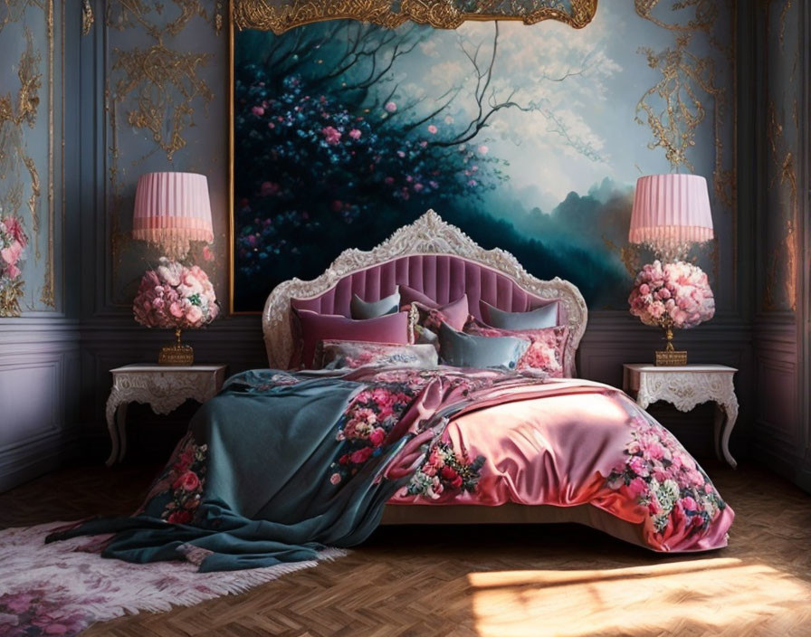 Luxurious bedroom with canopy bed, floral patterns, blue walls, gold details, mystical forest painting