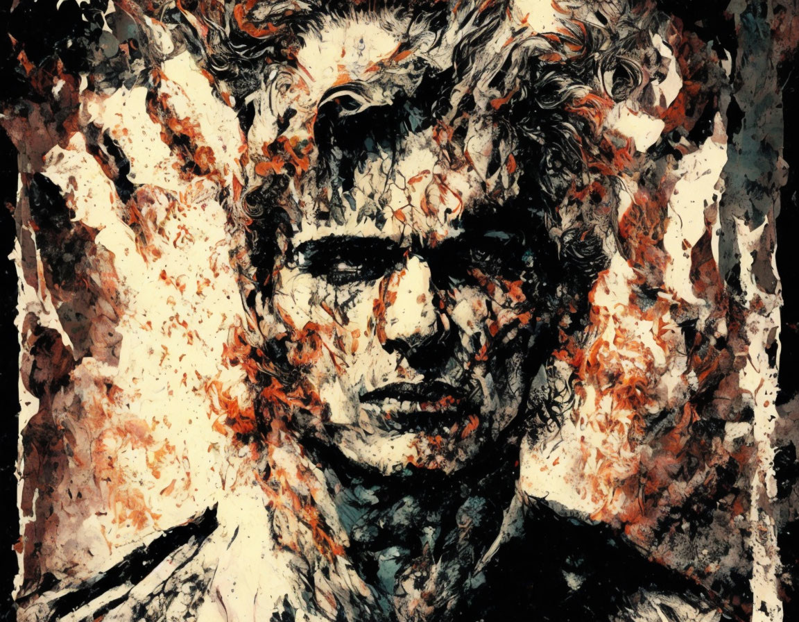 Intense gaze in abstract portrait with black, orange, and white brush strokes