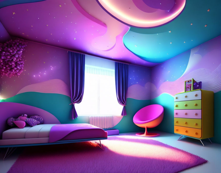 Vibrant space-themed bedroom with purple bed and glowing decor