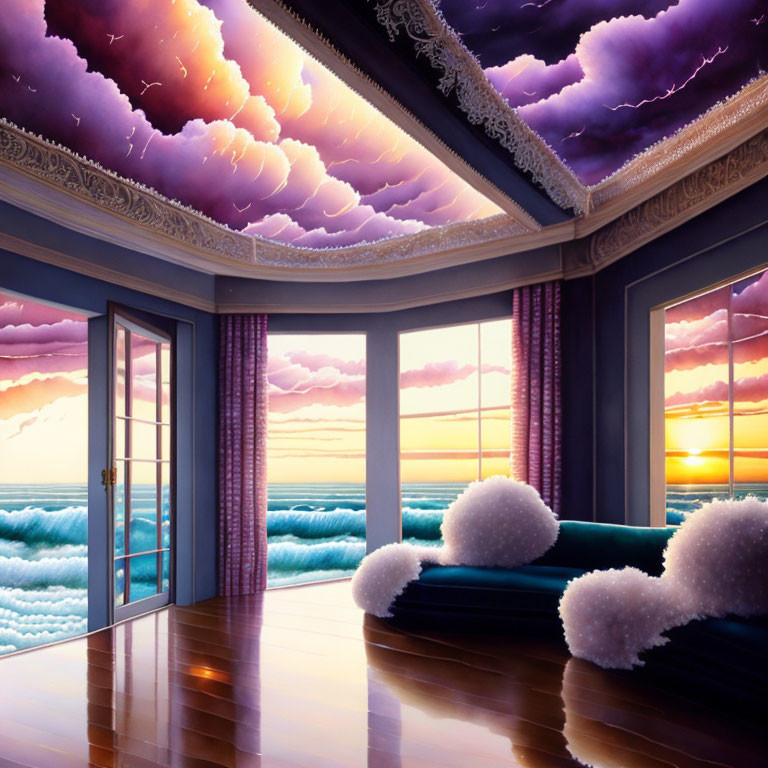 Surreal room with fluffy clouds, open door to sea, dramatic purple cloud-scape