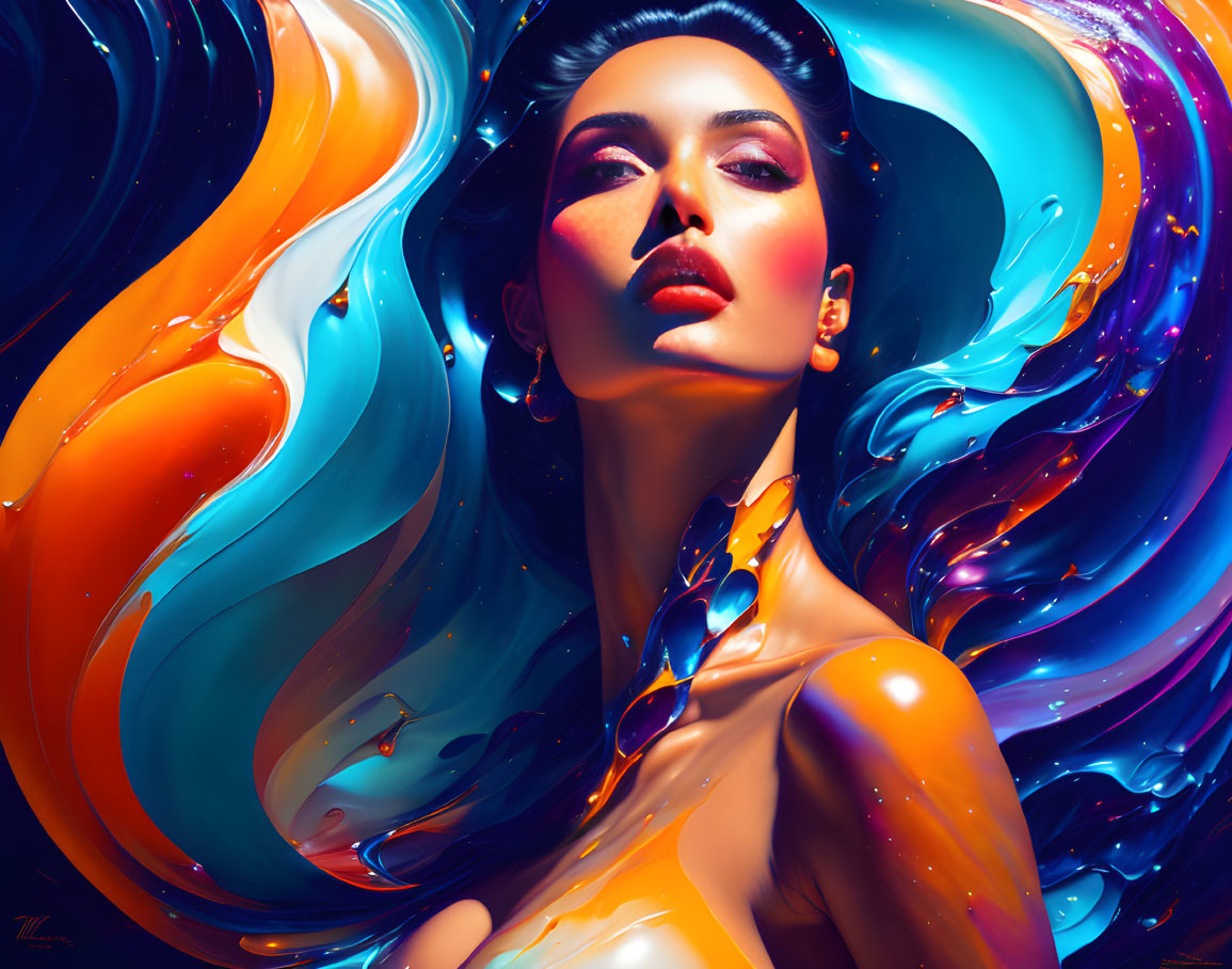 Vibrant digital artwork of a woman with swirling colors in blues, oranges, and whites