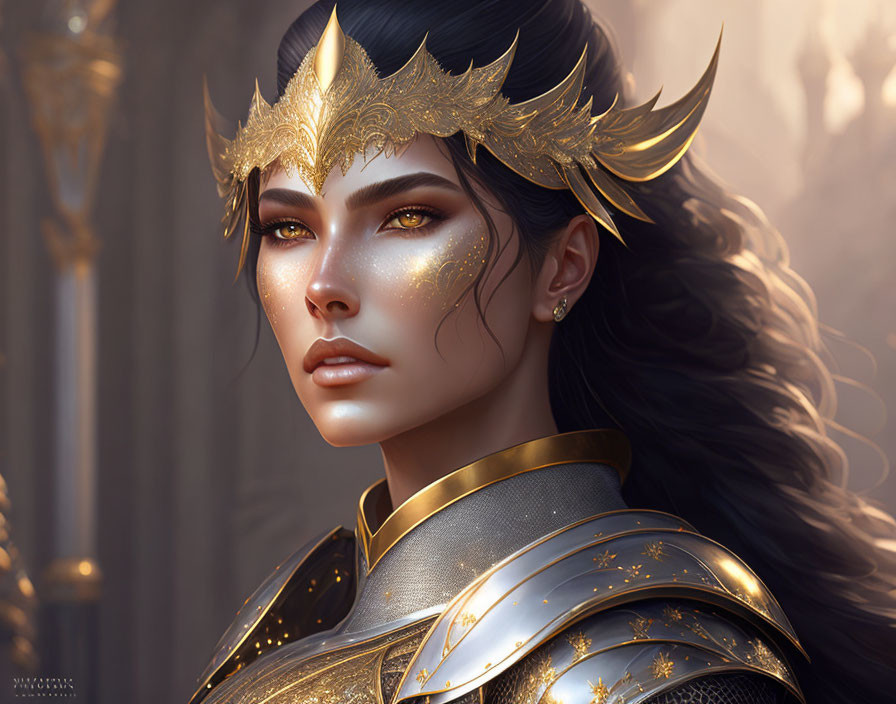 Fantasy female warrior digital artwork with golden armor and crown