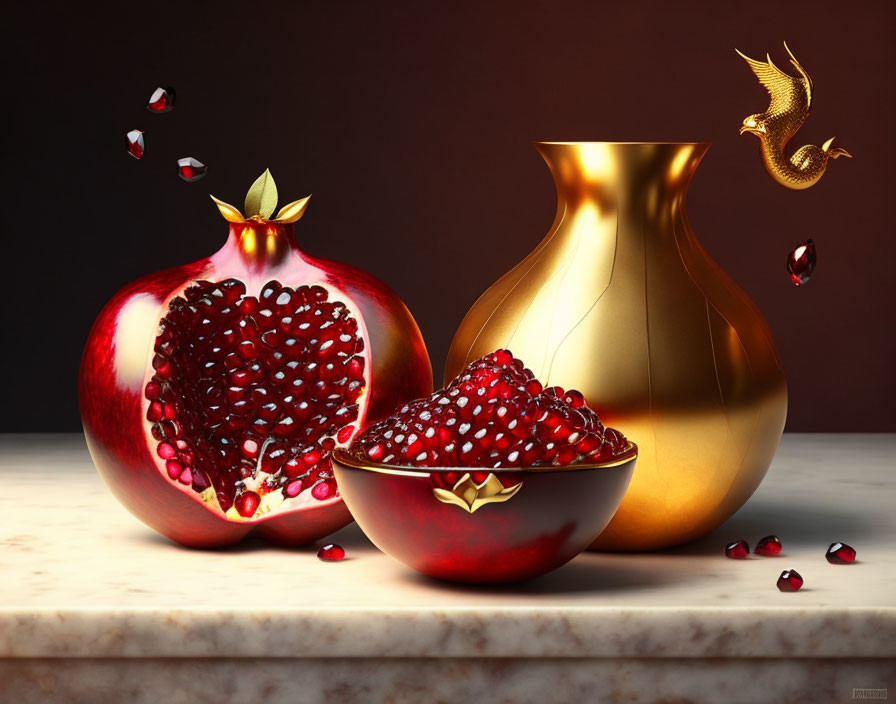 Digital artwork of pomegranate and dragon vase on marble countertop