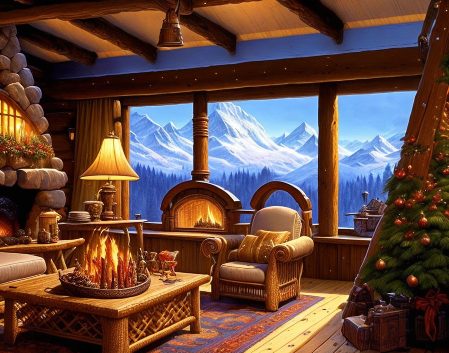 Rustic log cabin interior with fireplace, chairs, Christmas tree, snowy mountain view