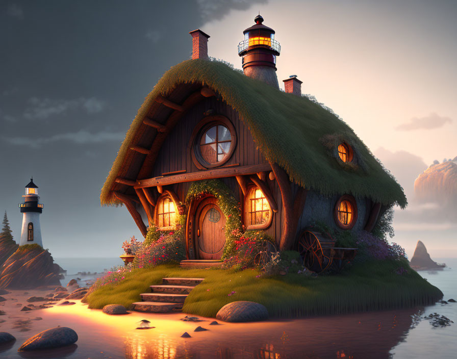 Thatched Roof Cottage by Shoreline at Dusk