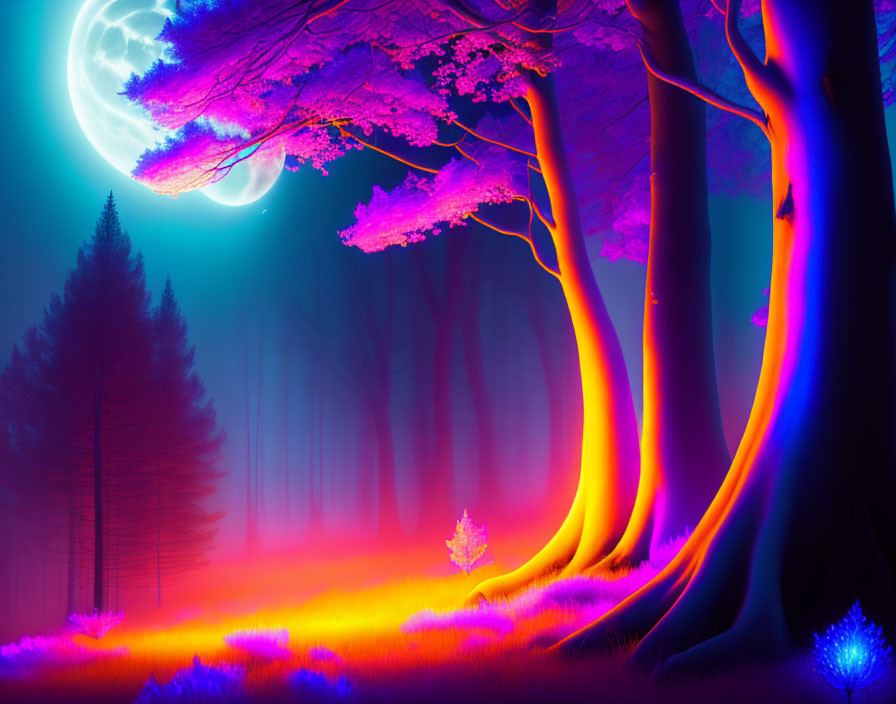 Fantasy forest with glowing purple and blue trees under a luminous moon