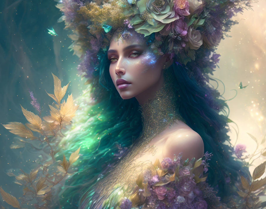 Mystical woman with floral crown and multicolored hair in soft glow.