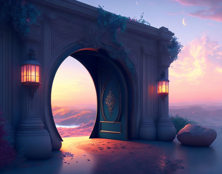 Intricate archway with lanterns overlooking twilight mountains