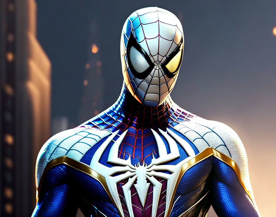 Detailed Spider-Man suit in white, blue, and black colors against city backdrop at dusk