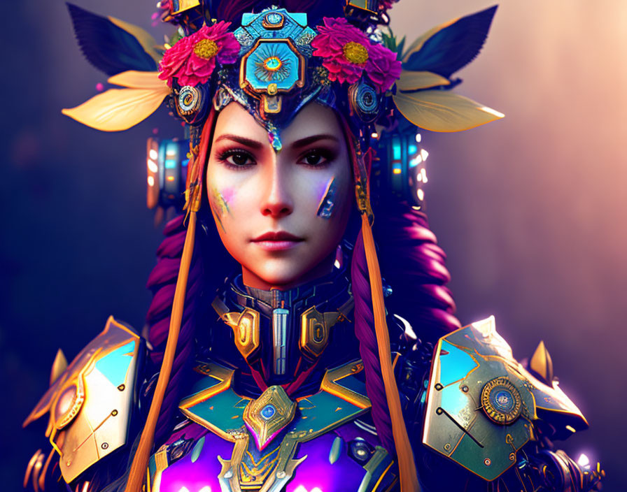 Futuristic tribal woman portrait with blue and gold headdress and armor