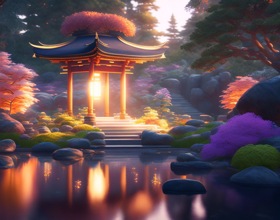 Tranquil Japanese garden with lantern-lit pavilion at dusk