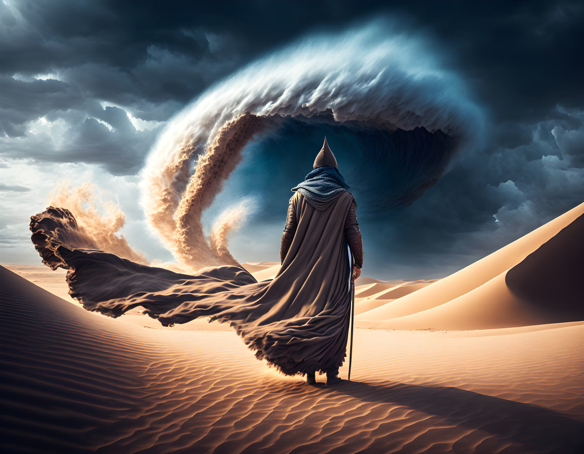 Cloaked figure in desert facing swirling sandstorm with dynamic clouds