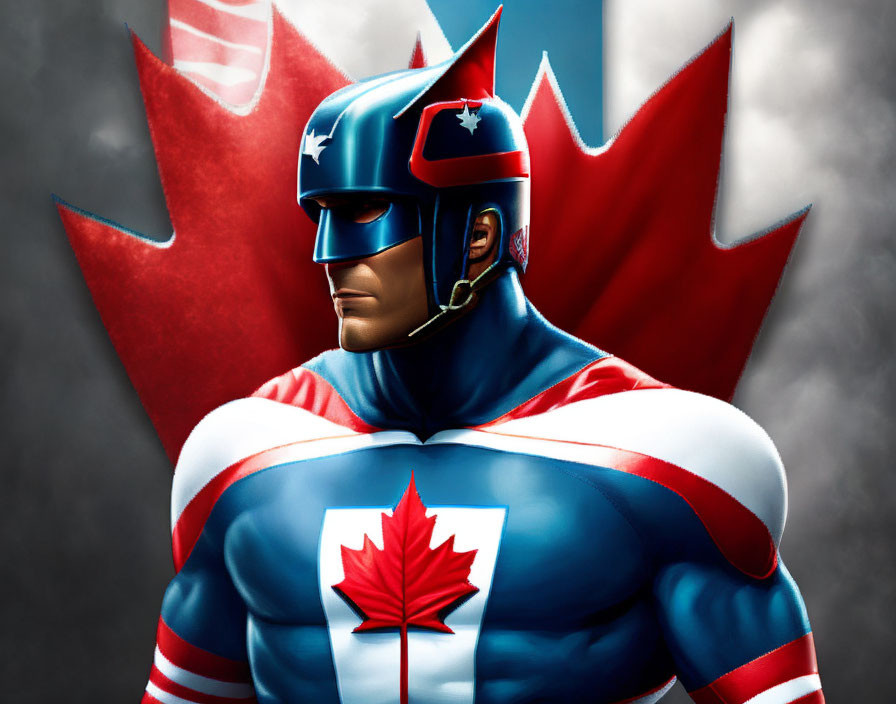 Superhero character in Canadian-themed costume with maple leaf design