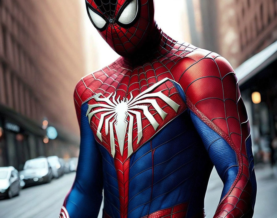 Detailed Spider-Man Costume on Urban Street with Cars and Buildings