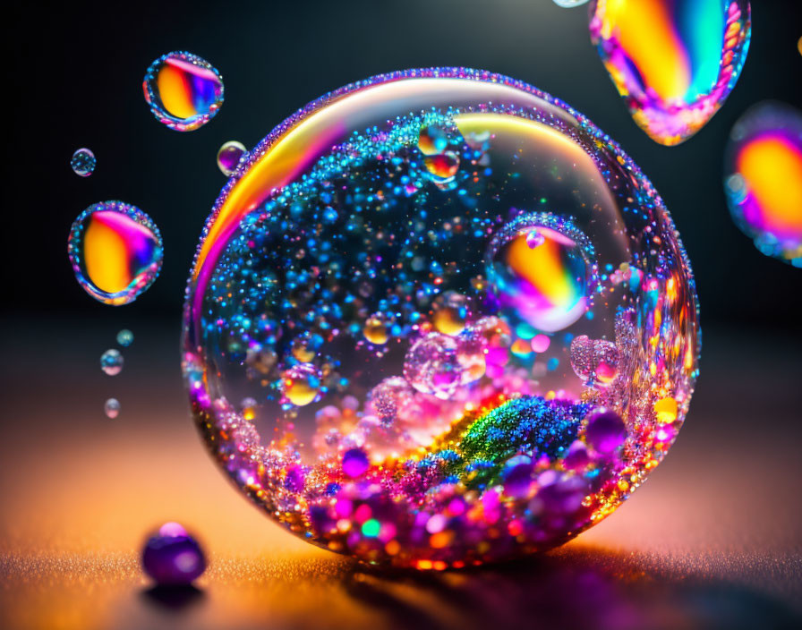 Vibrant soap bubbles with shimmery reflections on dark bokeh background