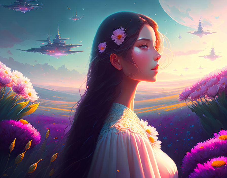 Illustration of woman with flowered hair gazing at sunset sky with floating islands.