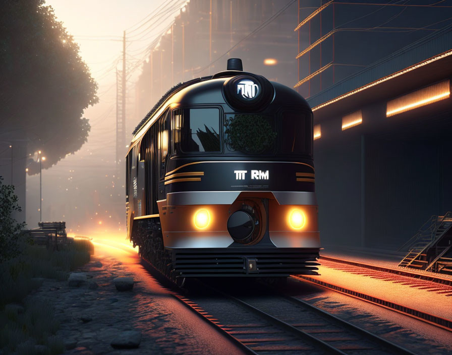 Vintage train on tracks at dusk with city lights and fog