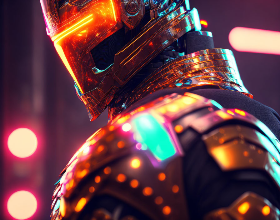 Futuristic armored soldier with glowing helmet on neon-lit backdrop