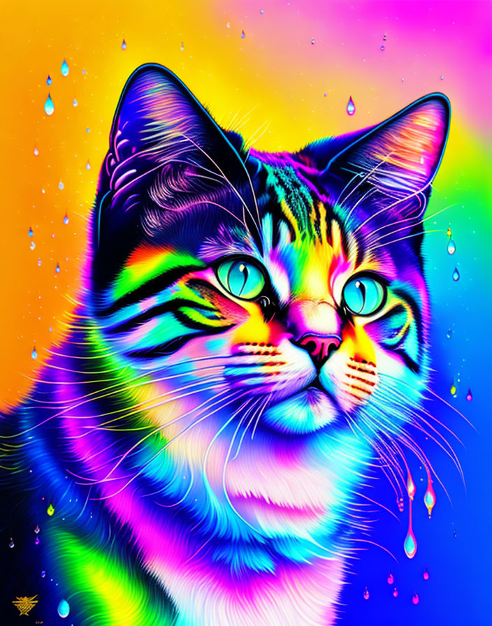 Colorful Cat Illustration with Psychedelic Patterns and Neon Raindrops