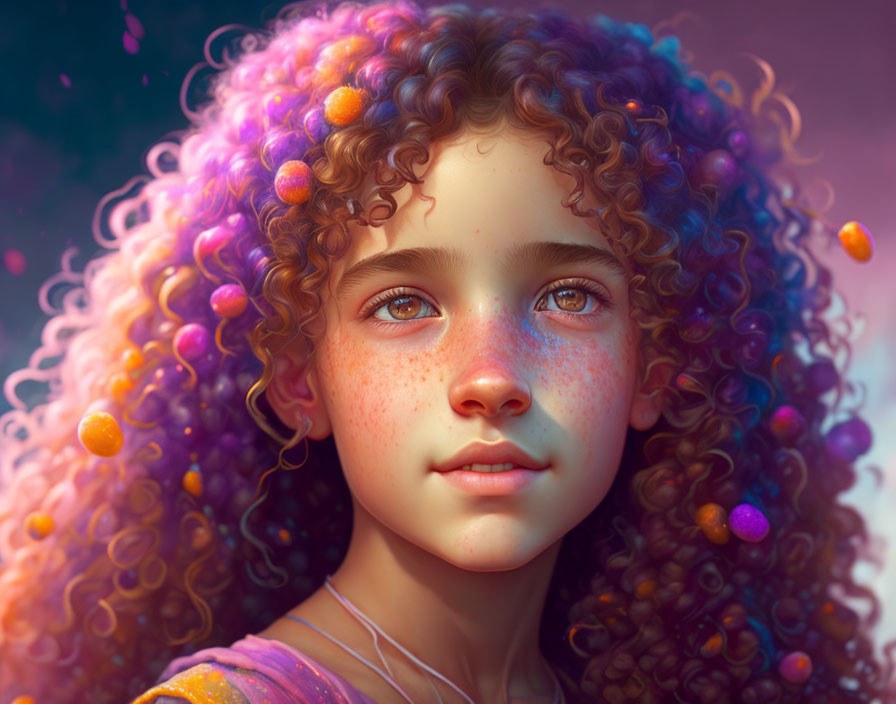 Digital artwork: Young girl with curly hair, glowing orbs, and freckles