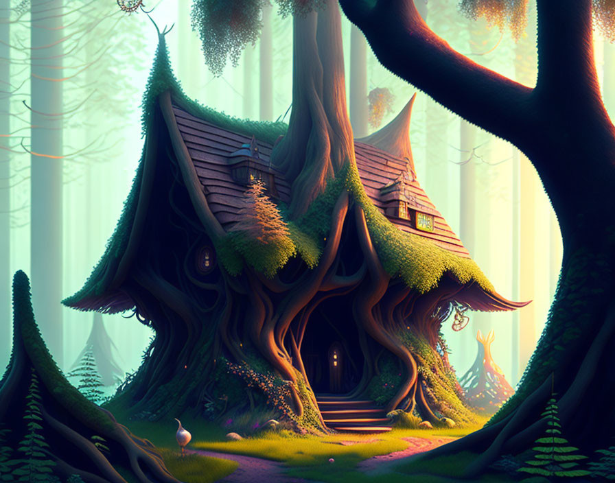 Enchanting forest scene with whimsical treehouse and white rabbit in mist