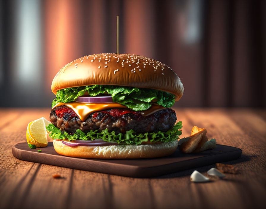 Classic Cheeseburger with Lettuce, Tomato, and Fries on Wooden Board