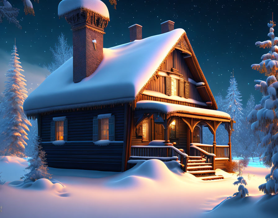 Snow-covered wooden cabin with smoking chimney in starry night scene