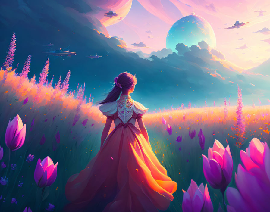 Girl in flowing dress in blooming field under surreal purple sky with moon and flying ships