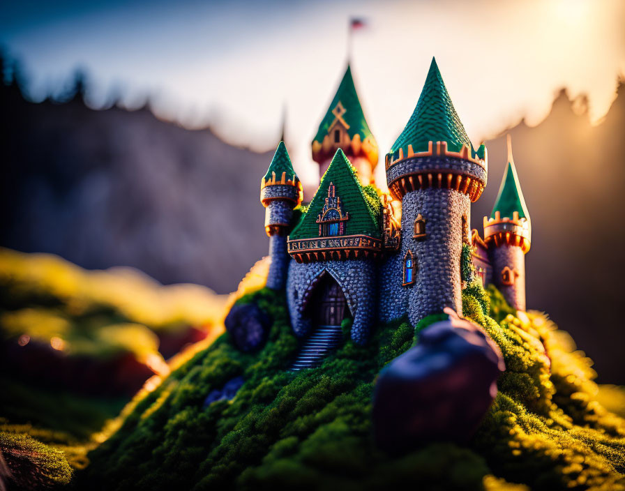 Miniature fairy tale castle on mossy ground at sunset