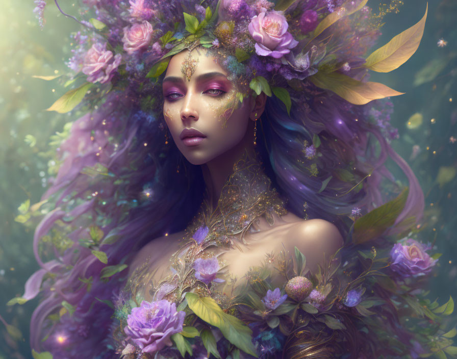 Fantasy illustration: Woman with purple hair and floral headdress in dreamy setting