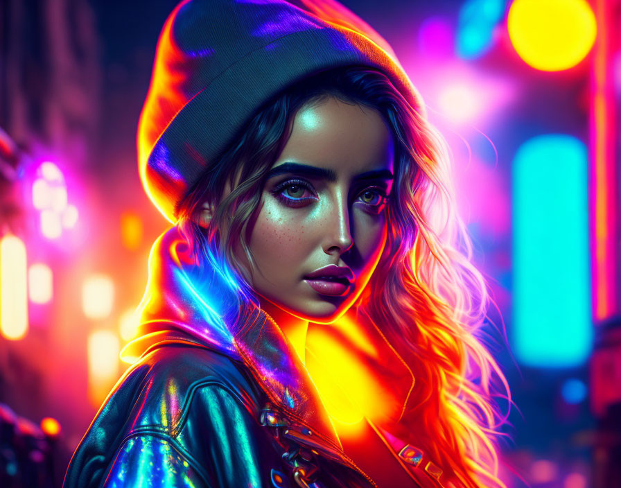 Stylized portrait of woman in beanie & leather jacket under neon lights