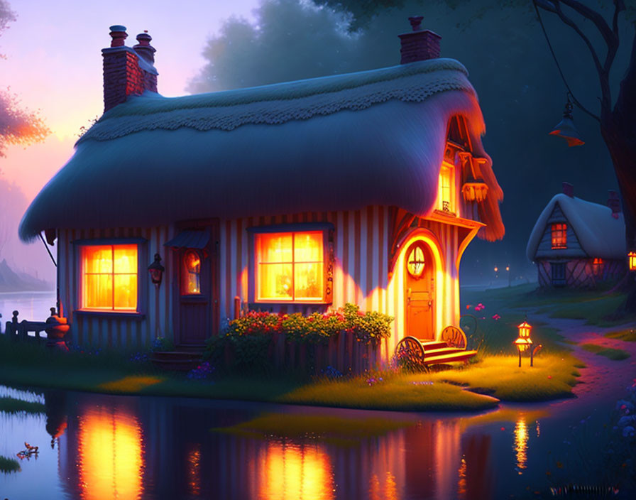 Quaint Thatched-Roof Cottage by Calm Water at Twilight