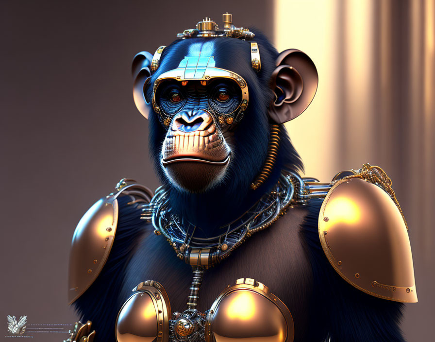 Detailed digital artwork: Cyborg chimpanzee with mechanical parts and golden armor on soft backdrop