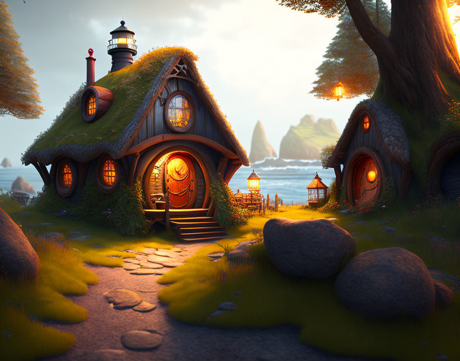 Thatched Roof Cottage with Lighthouse in Woodland Sunset