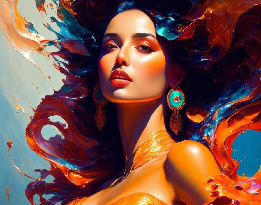 Colorful digital artwork: Woman with flowing hair in orange and blue swirls