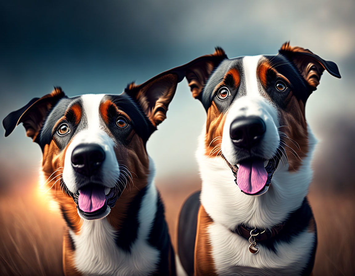 Tricolor Dogs with Glossy Coats and Piercing Eyes in Natural Setting