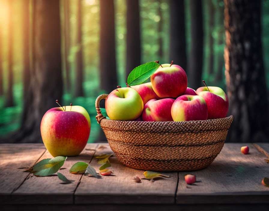 Ripe apples in a basket on wooden table in forest sunlight