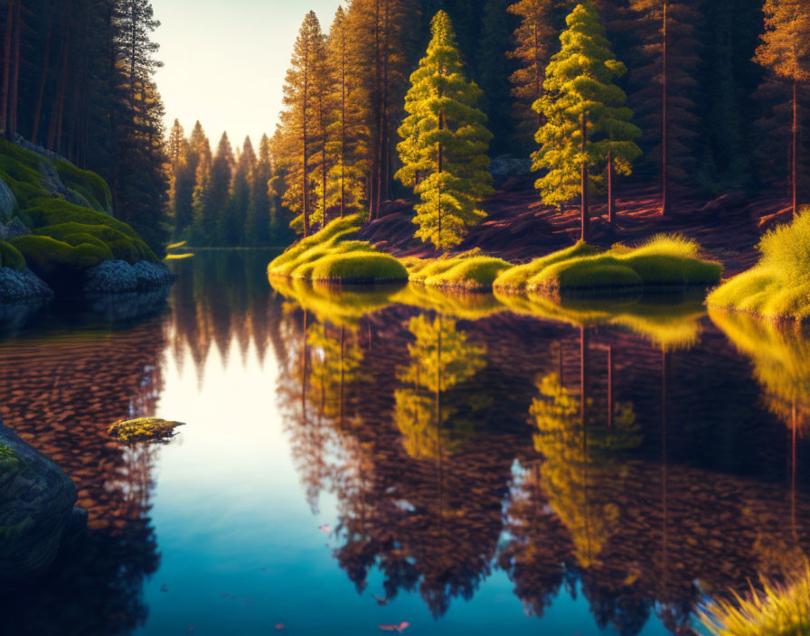 Serene Lake Reflecting Pine Forest at Sunrise or Sunset