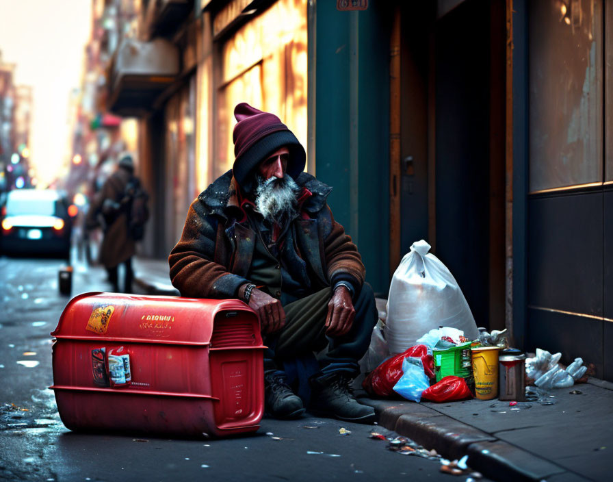 Bearded man in worn jacket and knit hat with red cooler and white bag on pavement.