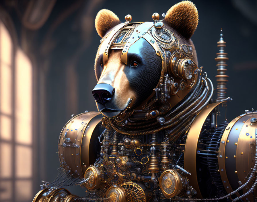 Steampunk-style mechanical bear with brass and bronze gears in industrial setting