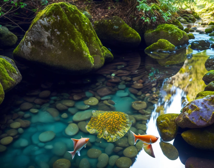 Tranquil underwater landscape with mossy rocks and vibrant orange fish