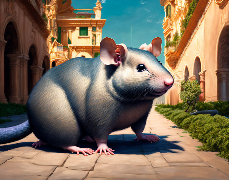 Realistic rat with ornate architecture backdrop under clear sky