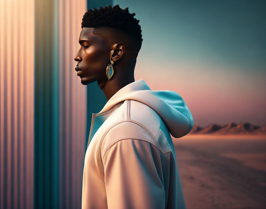 Portrait of a person with an earring in white jacket, desert twilight backdrop