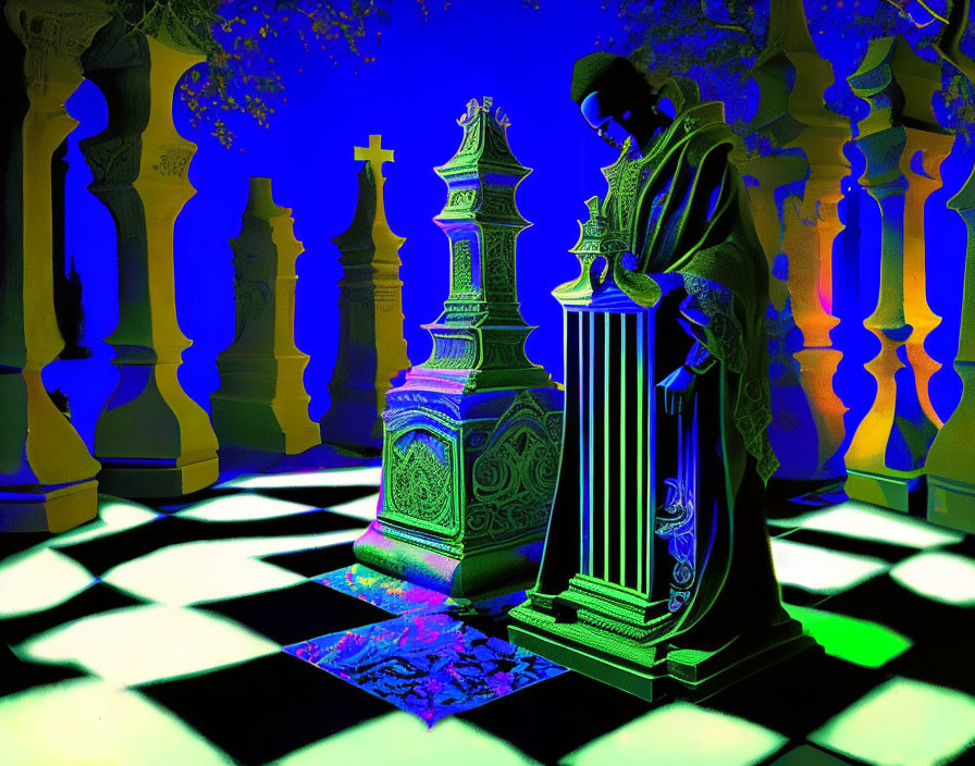 Colorful digital artwork of contemplative figure at podium with chess-like columns and cross on checkered floor