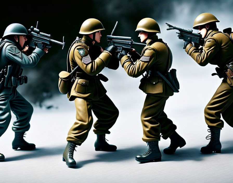 Toy soldiers in combat poses with rifle, set against smoky backdrop