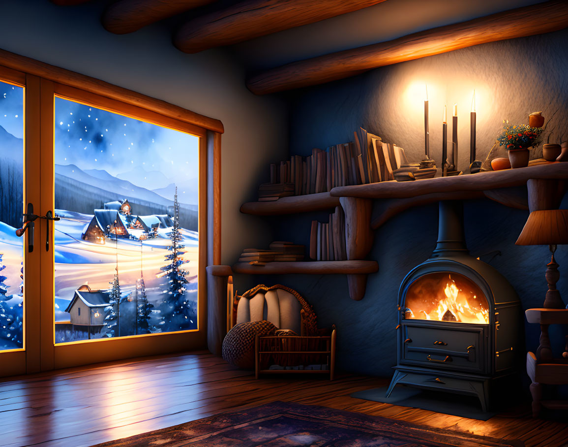 Winter Cabin Interior with Fireplace, Snowy View, and Bookshelves